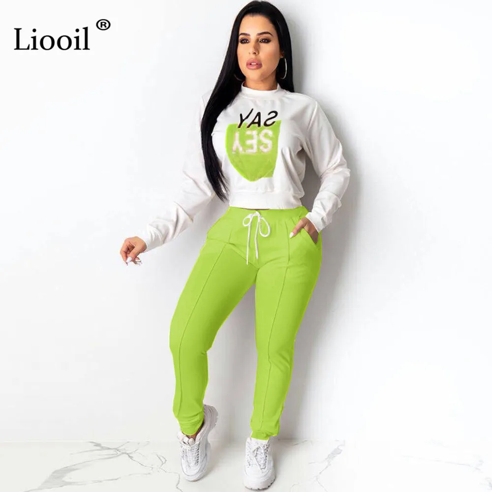 Liooil женский спортивный костюм с буквенным принтом, комплект из двух предметов, футболка с длинными рукавами и круглым вырезом, сексуальный белый топ, спортивные штаны с карманами
