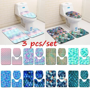 

Fish Scale Pattern Bath Mat 3 Pieces/set Toilet Cover Mat Absorbent Non-slip Bathroom Mats Creativity Bath Rugs