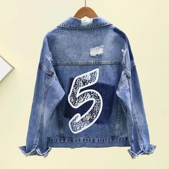

Hot style Short Cowboy Coat Woman 2020Spring New Korean Loose Hole Jacket Student Long Sleeved Denim Jacket Coat Casaco Feminino