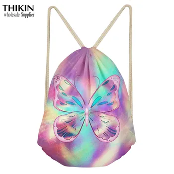 

THIKIN Color Butterfly Printed Portable Bag Daily Casual Drawstring Bag Women School Backpack Girls Females Bundle Pocket Custom