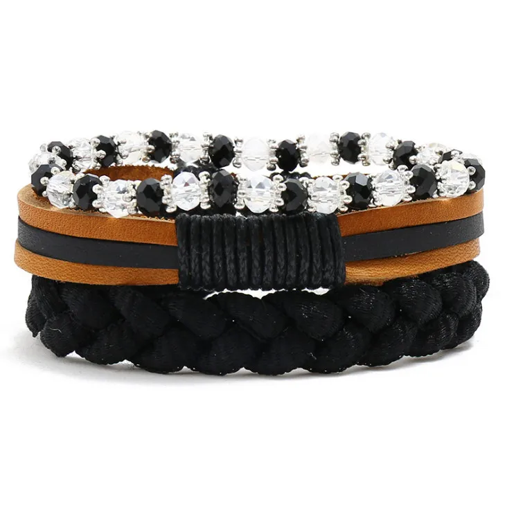 Fashion Black Crystal Bracelet Cuff Multilayer Braid Leather Wristband Set Retro Rhinestone Beads Charm Wrap Bangle Punk Jewelry | Украшения