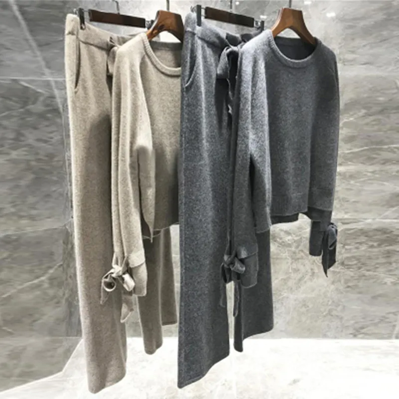 

High Quality Wool Women Knitted 2 Piece Set Bow Loose Sweater Pullover + Elastic Wiast Broad Legs Pants Suit Women Tracksuit