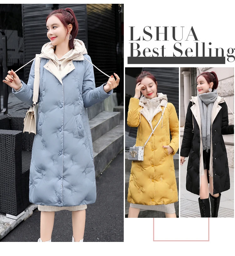 Winter CHIC Mid-length Cotton-padded Clothes Women's Slim Fit Slimming Mock Two-Piece Versatile Youth Students Cotton Coat