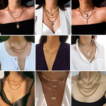 

New Fashion Gold Multilayers Lock Chains Statement Necklace Vintage Geometry Punk Trendy Choker Necklaces For Women GIft