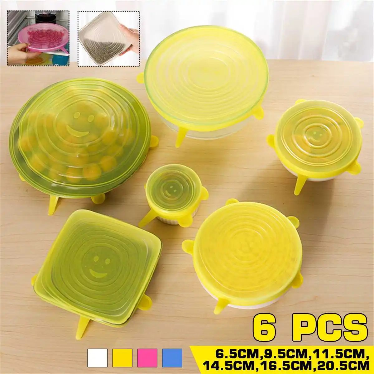 6 Pcs/Set Silicone Stretch Lids Universal Bowl Cover Sealed Silicone Fresh-Keeping Leak-proof Lid for Microwave Refrigerators