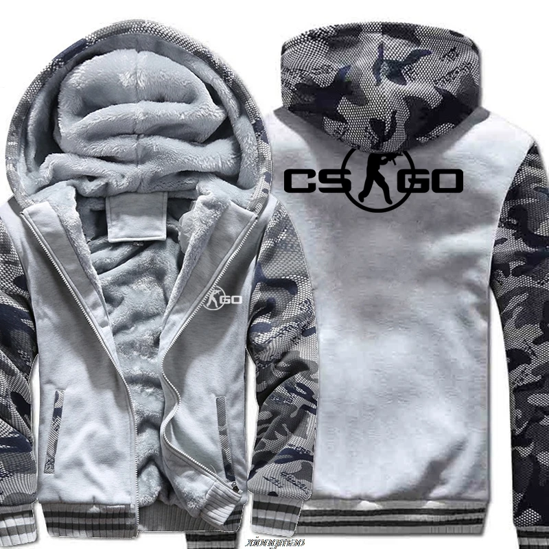 Игровой костюм CS GO, мужская спортивная одежда, зимний флисовый брендовый плотный свитшот, толстовки на молнии, куртка, Harajuku, спортивный костюм с капюшоном - Цвет: light gray