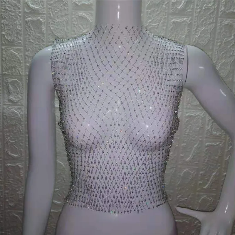 FestivalQueen Сексуальная Бриллиантовая сетка обрезанная майка женская летняя накидка бикини Прозрачная сетка со стразами вечерние клубный кроп-топ