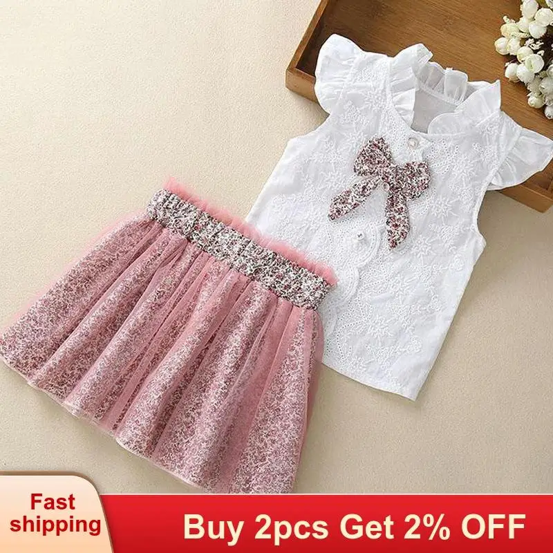 

Girl clothes Spring Summer For 3-7 Year Girl 2 pcs Set Children Girl Clothing Outfit Set Sleeveless Floral Tee +Flower Skirts