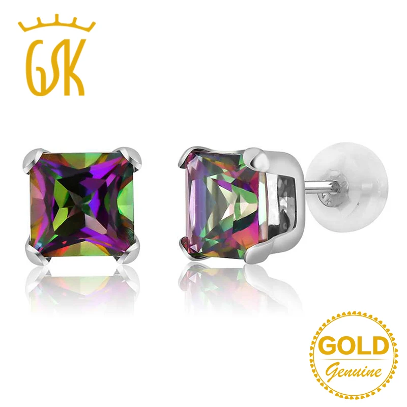 GemStoneKing 1,36 карат 6 мм натуральный принцесса Зеленый Мистик Топаз Серьги гвоздики 14 к белого золота ювелирные украшения для женщин