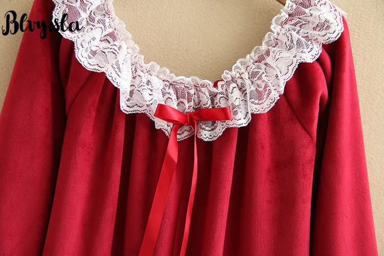 Blvyisla 5XL плюс негабаритный Красный Лолита средней длины кружева вышитые ночные рубашки сексуальные женские зимние плотные пижамы