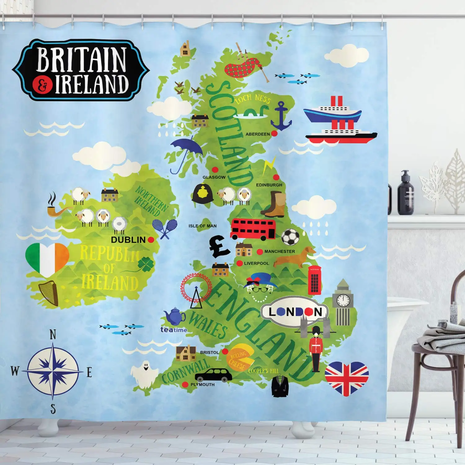 Travel Shower Curtain Cartoon Maps of Britain and Ireland Children Landmarks Illustration Cloth Fabric Bathroom Decor Set | Дом и сад