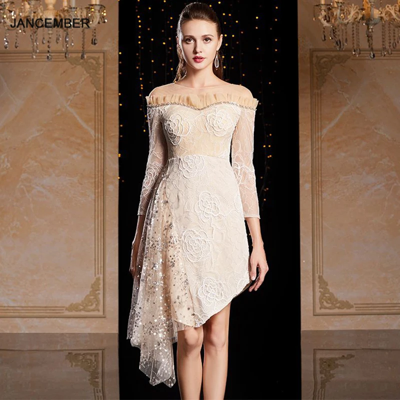 

JANCEMBER Boat neck Sequin Short Evening Dresses Long Sleeves Ladies Party Dresses Iregular Applique Abendkleid Langarm