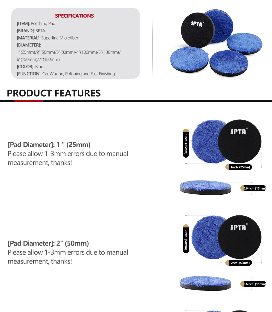 SPTA 1 to 7 Inch Microfiber Polishing Pad Removing Wax Buffer Pads