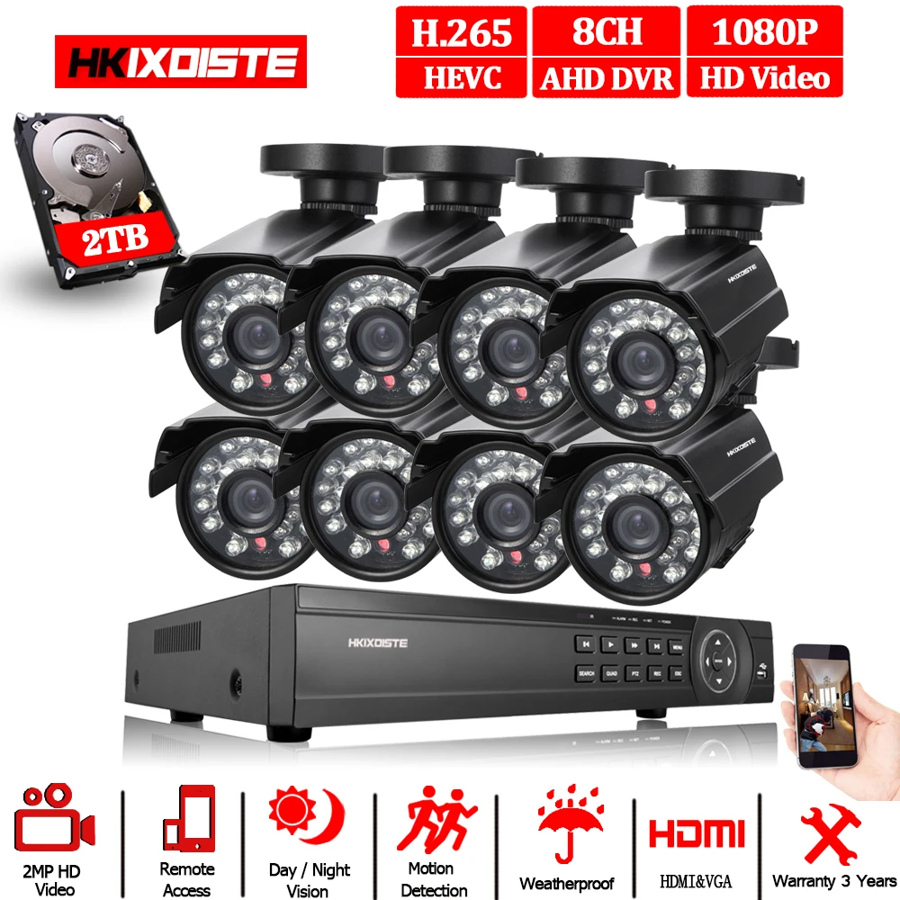8CH 1080P HDMI DVR HD In/наружная система безопасности камеры 8 каналов CCTV комплект 2.0MP AHD