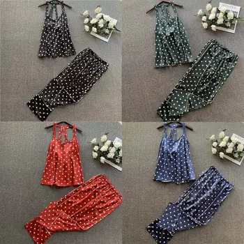 

2020 Women 2 Pieces Pajamas Sets Satin Polka Dots Sleepwear Pyjama Homewear