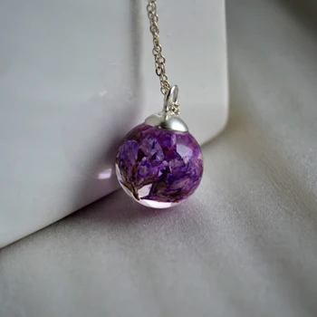 

Purple Blossom Babysbreath Real Flower Resin Glass Ball Pendant 925 Sterling Silver Color Chain Necklace Women Choker Boho