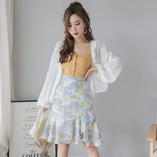 Новинка, летняя женская юбка, шифоновая юбка с оборками и хвостом, нерегулярная посылка, юбки на бедрах, зеленая, синяя, с оборками, Xuan, элегантный цветок, 3080