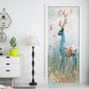 

Removable Door Stickers Vintage Abstract Elk Mural Waterproof Living Room Bedroom Door Wallpaper DIY Self Adhesive Wall Decals