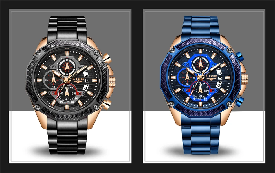 LIGE, новинка, мужские часы, LIGE, топ, роскошный бренд, бизнес, синие, нержавеющая сталь, кварцевые часы, мужские, повседневные, водонепроницаемые, с хронографом