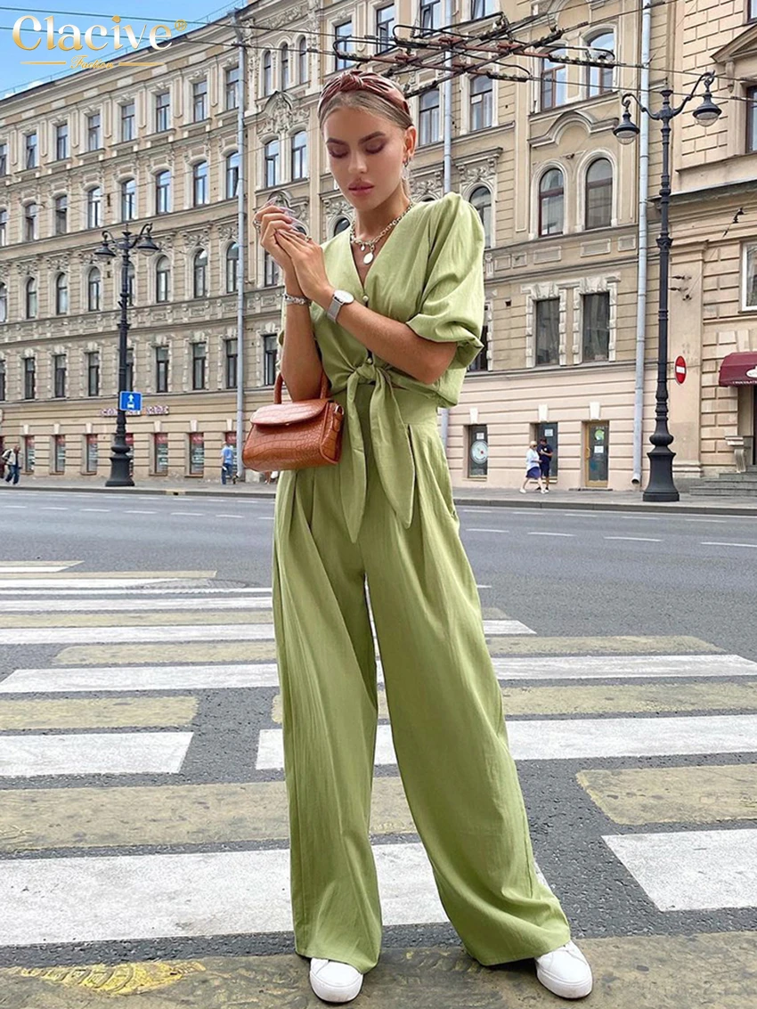 pant suit for wedding guest Clacive Summer Puff Sleeve Shirts Set Woman 2 Piece Casual High Waist Wide Trouser Suits Female Vintage Loose Green Pants Set evening pant suits