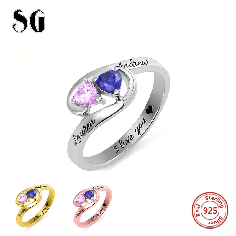

100% 925 Sterling Silver Custom engraved Name finger Rings Double birthstone Stacking Rings for Women Personalized Jewelry
