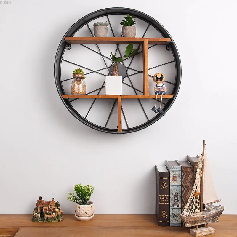 

Retro Style Industrial Iron Art Wheel Shelf Etagere Mural Industriel Living Room Cafe Bar Wall Hanging Decoration Storage Rack