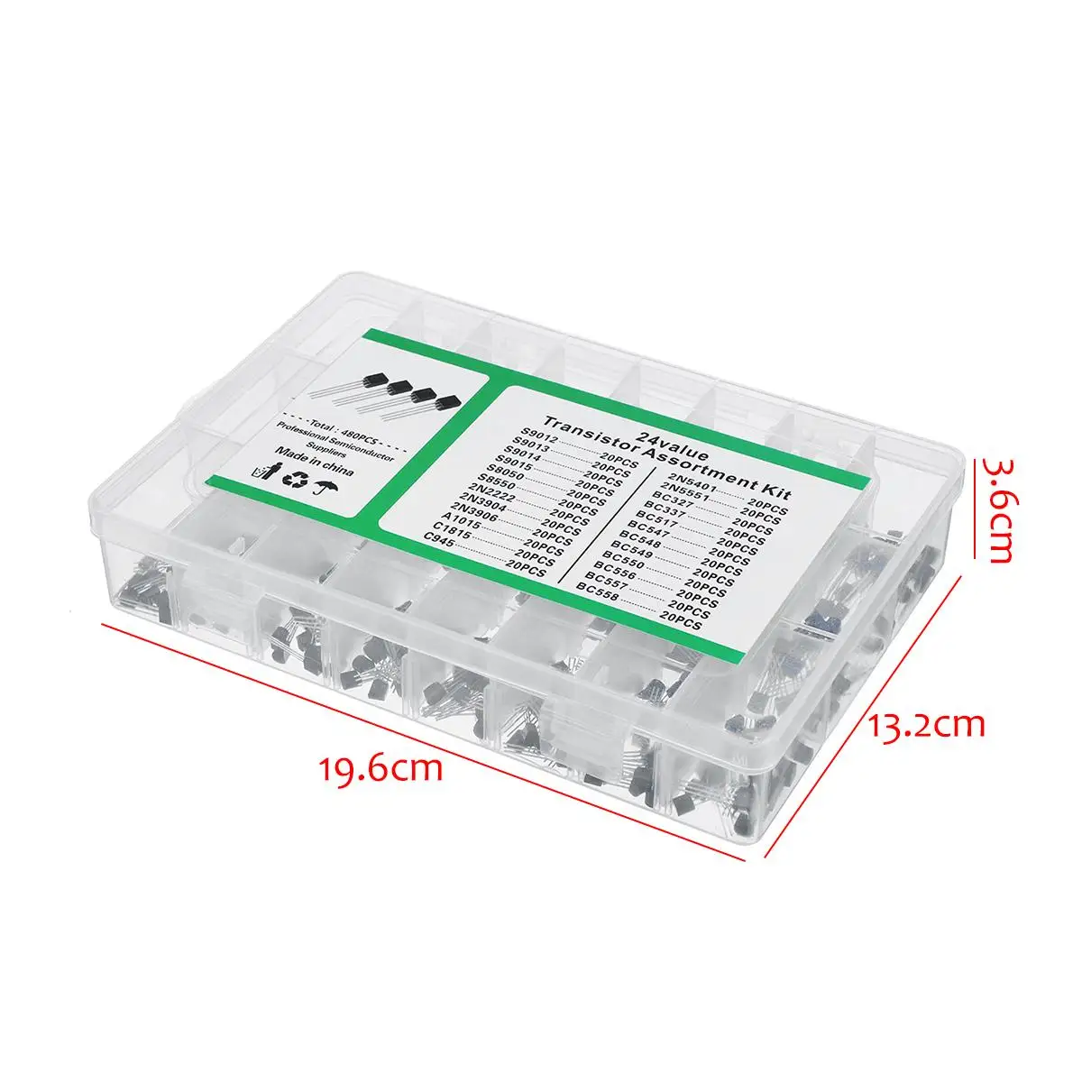 480Pcs 24 Types Silicon In-line NPN / PNP Transistor Assortment Kit Pack 2N2222 Components & Supplies Active Components