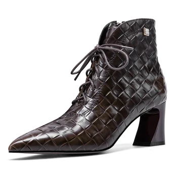 

Retro Vintage Genuine Leather Ladies Ankle Boots Fashion Newest Side Zipper Thick High Heels Pumps Winter Dancing Party Shoes