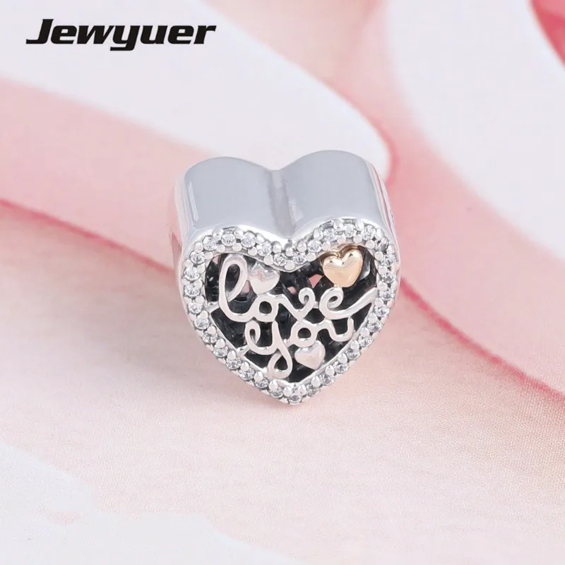 Love Script charms 925 sterling silver fine jewelry with gold heart fit charm bead bracelet pendant diy For women Memnon GD104
