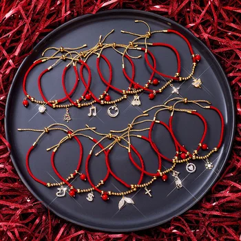 

2021 New Trendy Handmade Weave Red String Rope Bracelet Cross Snowflake Note Zircon Pendant Charm Bracelets For Women Gifts