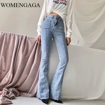 

2020 New Fashion Light Blue Denim Cowboy Flare Pants Jeans Pocket Stripe Fold Girl Female Sexy Pants 0RHM