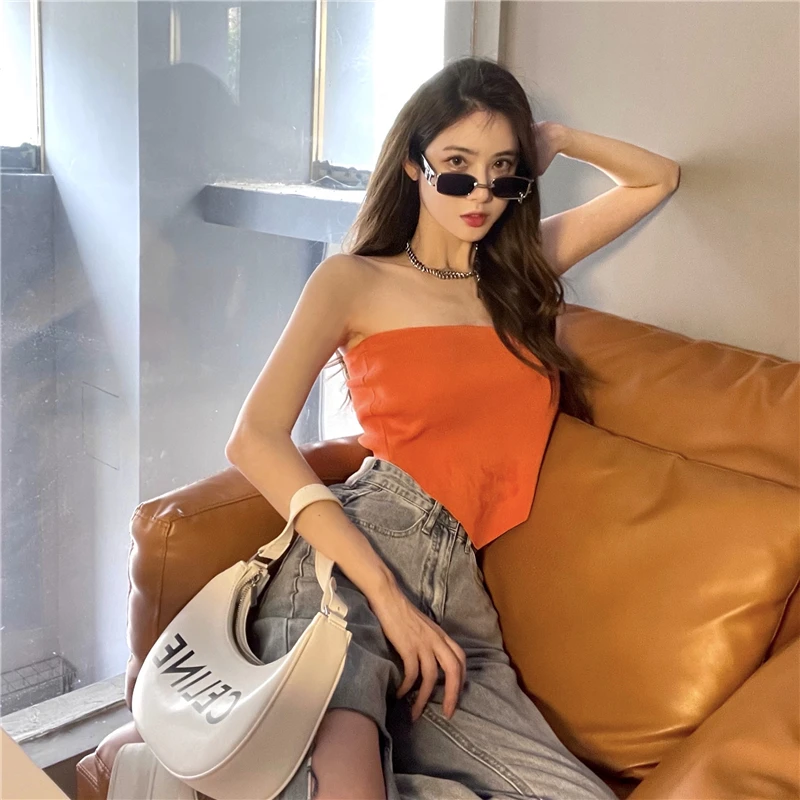 Женский трикотажный Топ без бретелек нестандартная треугольная обтягивающая