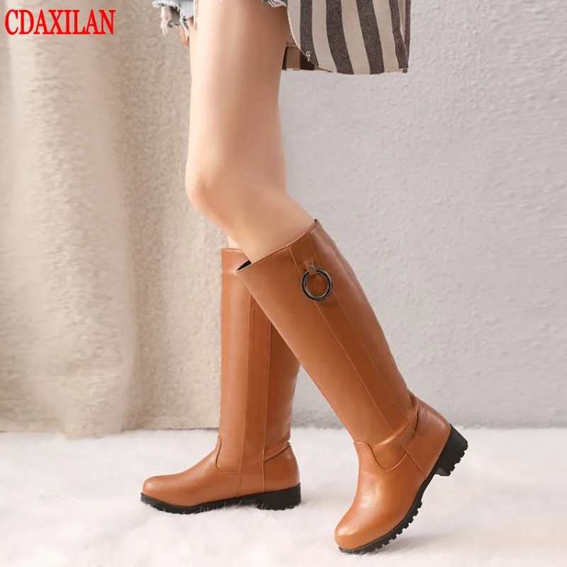 

CDAXILAN new women's boots soft PU leather square heels round toe Knee-High boots set-feet motorcycle boots ladies winter