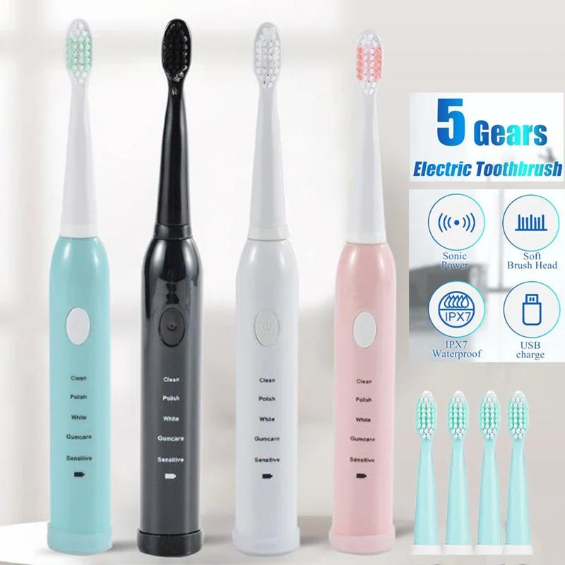 

Powerful Electric Toothbrush Sonic Toothbrush Rechargeable USB Adult Electronic Teeth Brush with 4 Replacement Toothbrush Heads