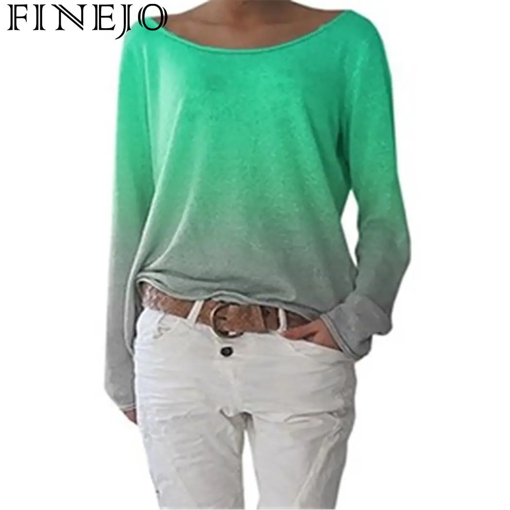 

Women Casual Gradient Color O Neck Patchwork Long Sleeve Regular Basic T-shirt Tops Autumn/Spring