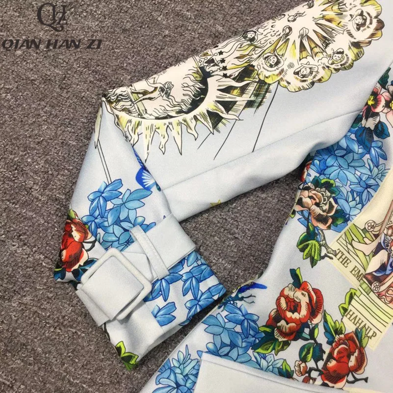 Qian Han Zi новые дизайнерские зимние модные пальто женские с длинным рукавом печати повседневный ремень тонкий Небесно-Голубой элегантный Длинная траншея