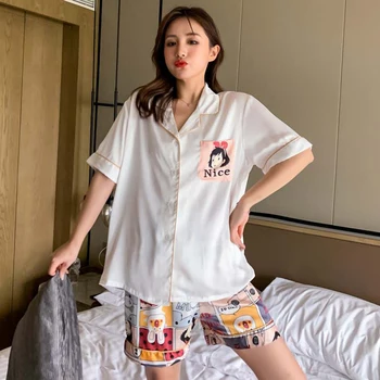 

Summer New Women Pajama Set Stain Silky Home Clothes Short Sleeve 2PCS Sleepwear Nightwear Female Casual Pyjamas Suit