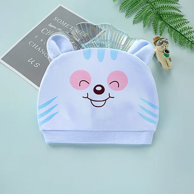 Four Seasons Kids Newborn Baby Hats 100% Cotton Cap 40 Color Cartoon Cute Printed Hat Suitable for 0-12 Months Baby Accessories Tiger blue