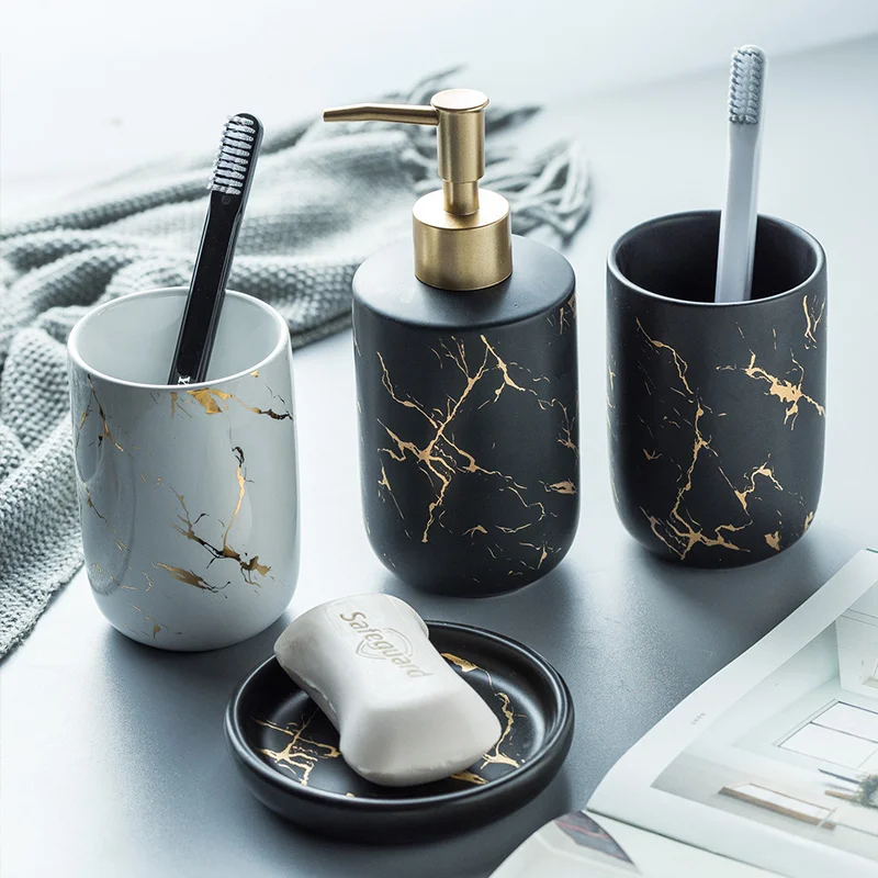 

Luxury Ceramic Bathroom Accessory Set Marble Soap Dispenser Pump Bottle Home Couple Mouthwash Cup Soap Dish Washing Tools