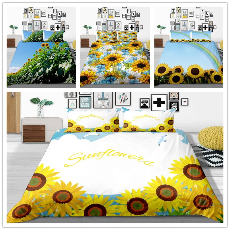 

High Quality Bedding Set Twin Full Queen Size Bedding Suit with Sun Flowers Sheet Pillow for Home Hotel Women of Bed Cover Suit