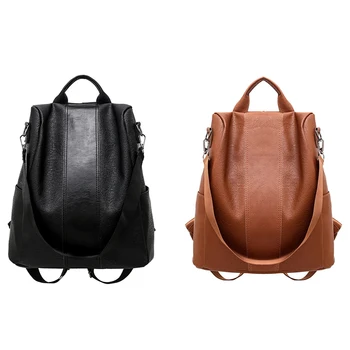 

Anti-Theft Backpack Classic PU Leather Solid Color Backpack Shoulder Bag Retro Travel Rucksack