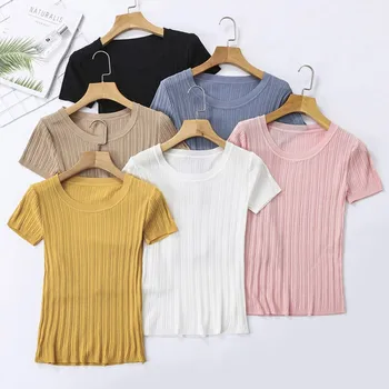 

Female T-shirt Knit Tshirt Women Ice Silk Round Neck Solid Color T Shirt Loose Short Sleeve Casual Simple Knit Wild T-Shirt Tops