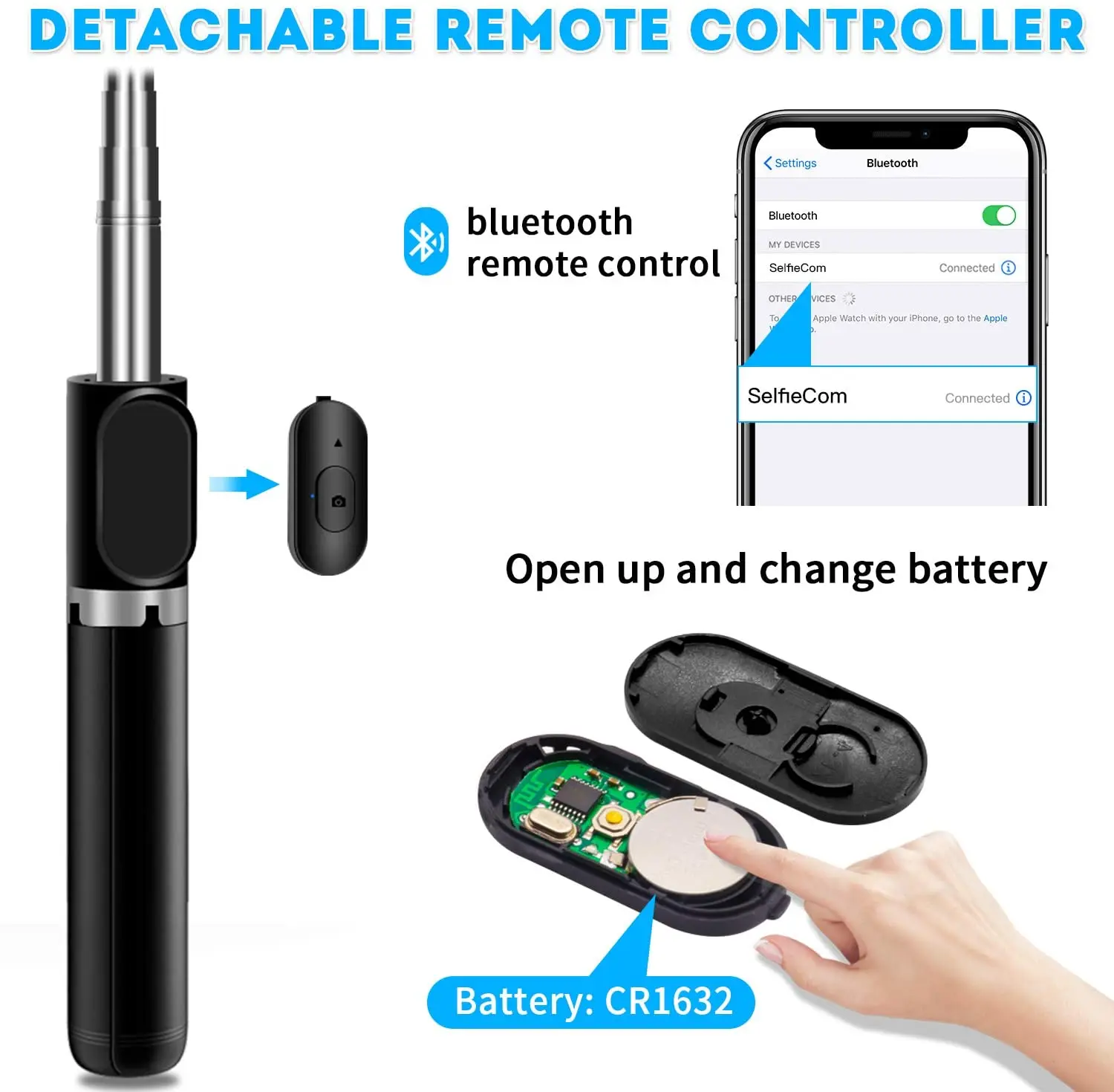 Palo Selfie compatible con Bluetooth, batería, control remoto