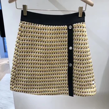 

Law Single 2020 Summer Buckle Small Xiangfeng Yellow Check Pattern Weaving Tweed Women's Wear Overskirt 190024