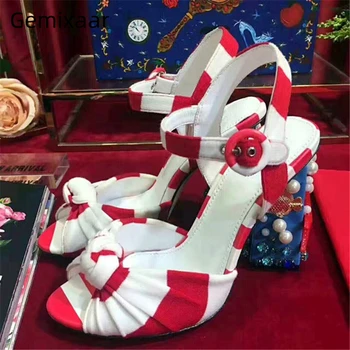 

Striped Bowknot Ankle Strap Gladiator Sandals Women Starfish Shell Pearl Diamond Chunky Heel 2020 New Summer Shoes Woman