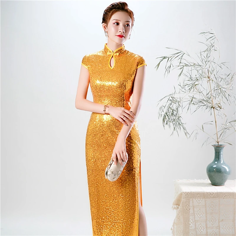 Большой размер улучшенный cheongsam 5XL Осень розовый блесток мода cheongsam женский этикет Подиум представление cheongsam