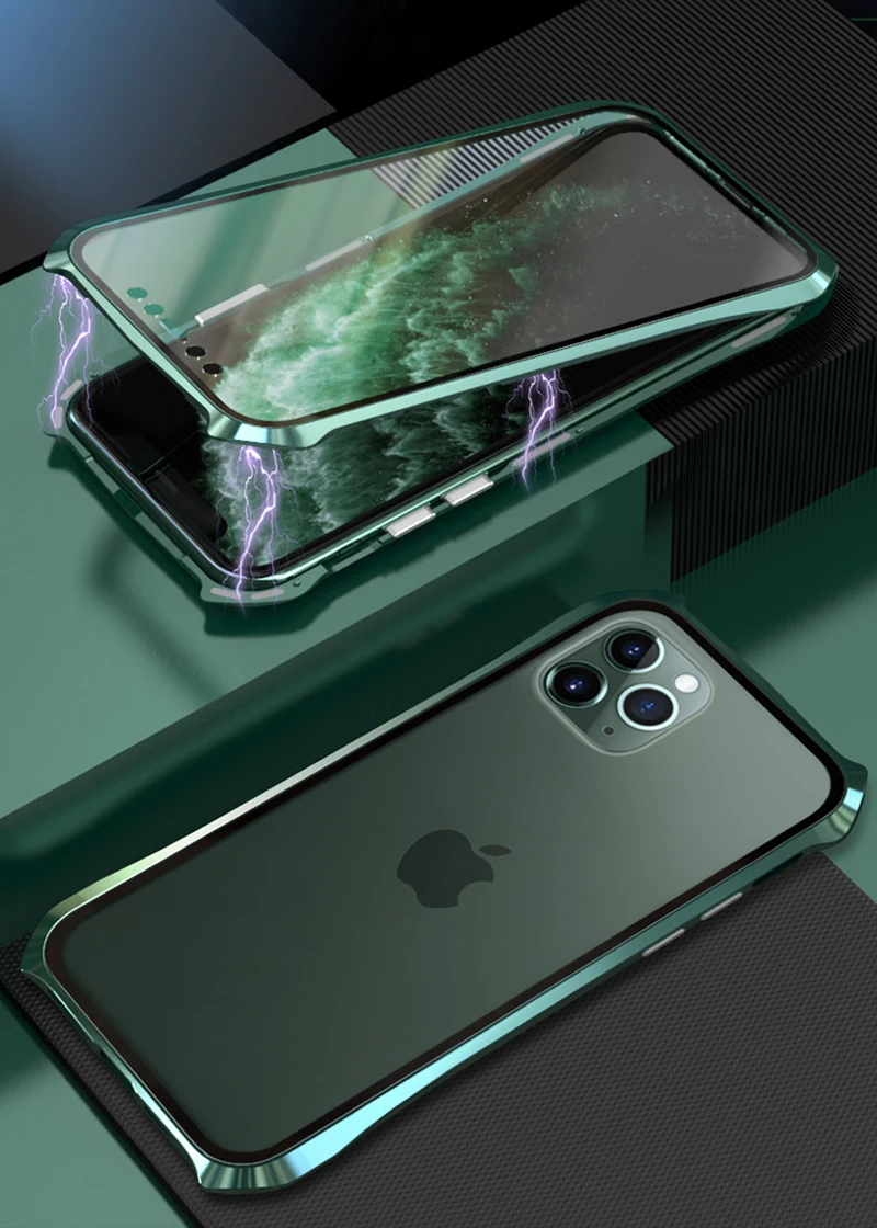 Металлический чехол с магнитной адсорбцией для iPhone 11 11 Pro Max, чехол с откидной крышкой, двусторонний чехол из закаленного стекла для iPhone 11 Pro, чехол для телефона