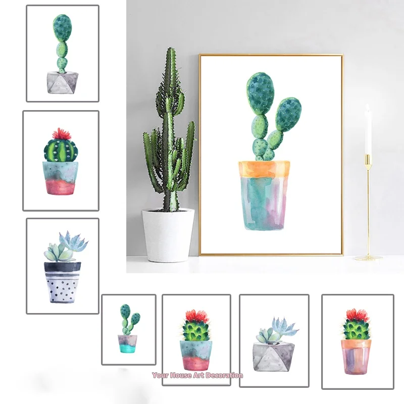 

Posters And Prints Wall Art FloralWatercolor Green Succulent Plants Cactus Canvas Painting Printed Modular Picture Home Decor