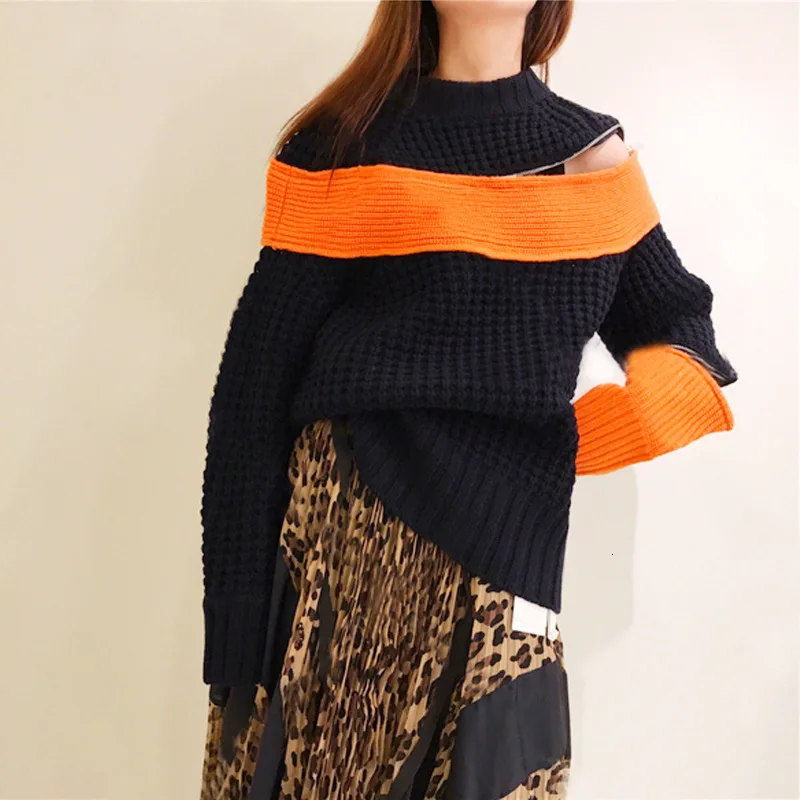 Autumn And Winter New Products Fashion Round Collar Collar Off-Shoulder Zipper Long Knit Pullover Women L778