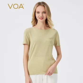

VOA Summer New Natural Curling Patch Small Square Bag round Neck Multi-Color Short Sleeve Loose Soft Pullover T-shirt BG005
